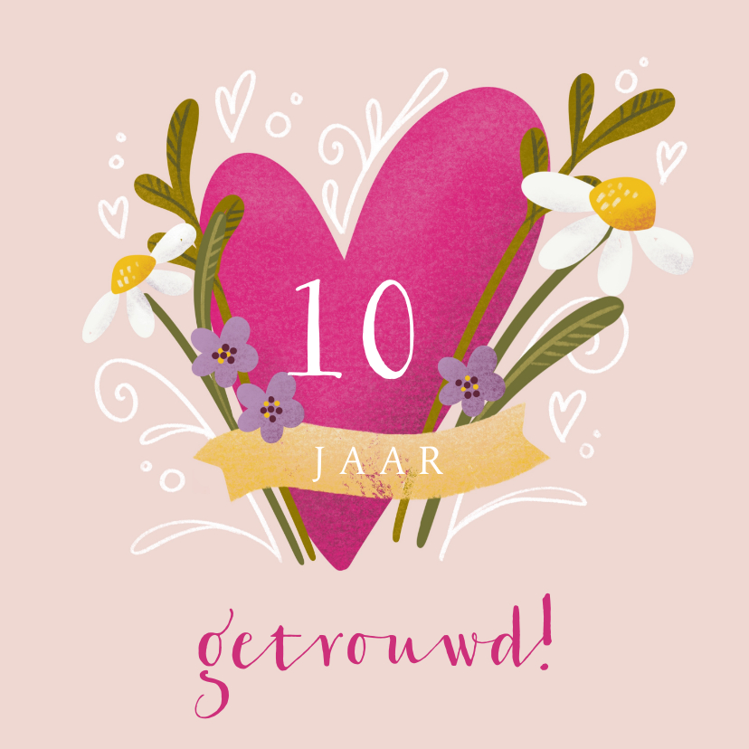 Felicitatiekaarten - Felicitatiekaart voor huwelijksjubileum met hart en bloemen
