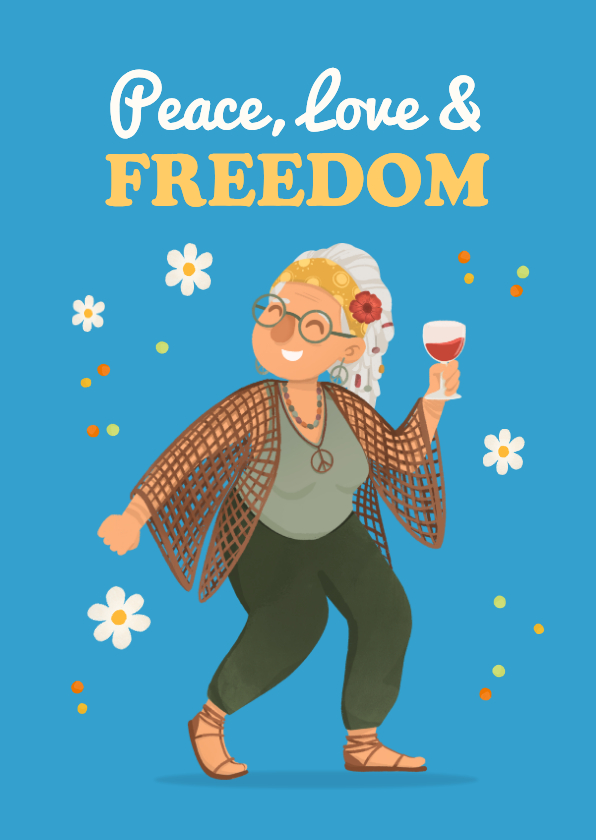 Felicitatiekaart vrouw pensioen grappig hippie cartoon peace - Felicitatiekaarten Felicitatiekaarten - Felicitatiekaart vrouw pensioen grappig hippie cartoon peace