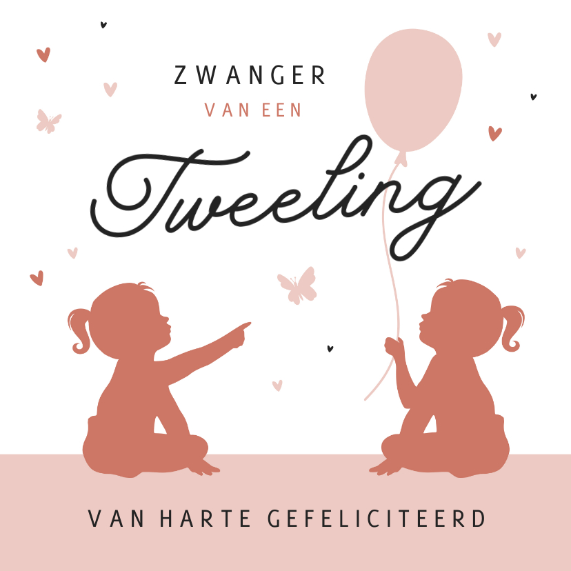 Felicitatiekaarten - Felicitatiekaart zwanger tweeling silhouet vlinders hartjes 