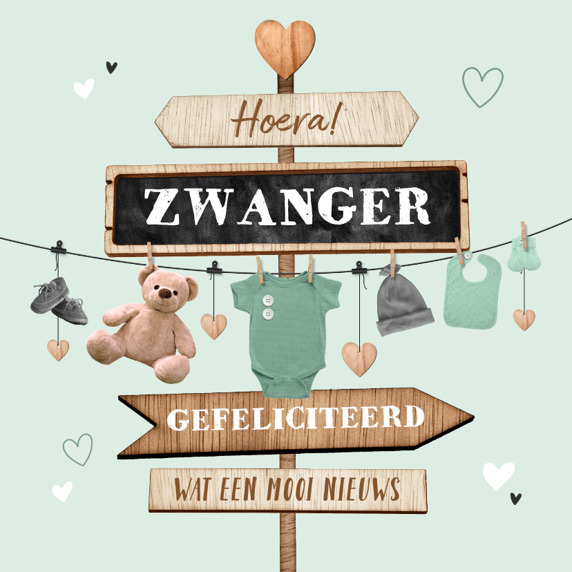 Felicitatiekaarten - Felicitatiekaart zwanger wegwijzers slinger hout babyspul