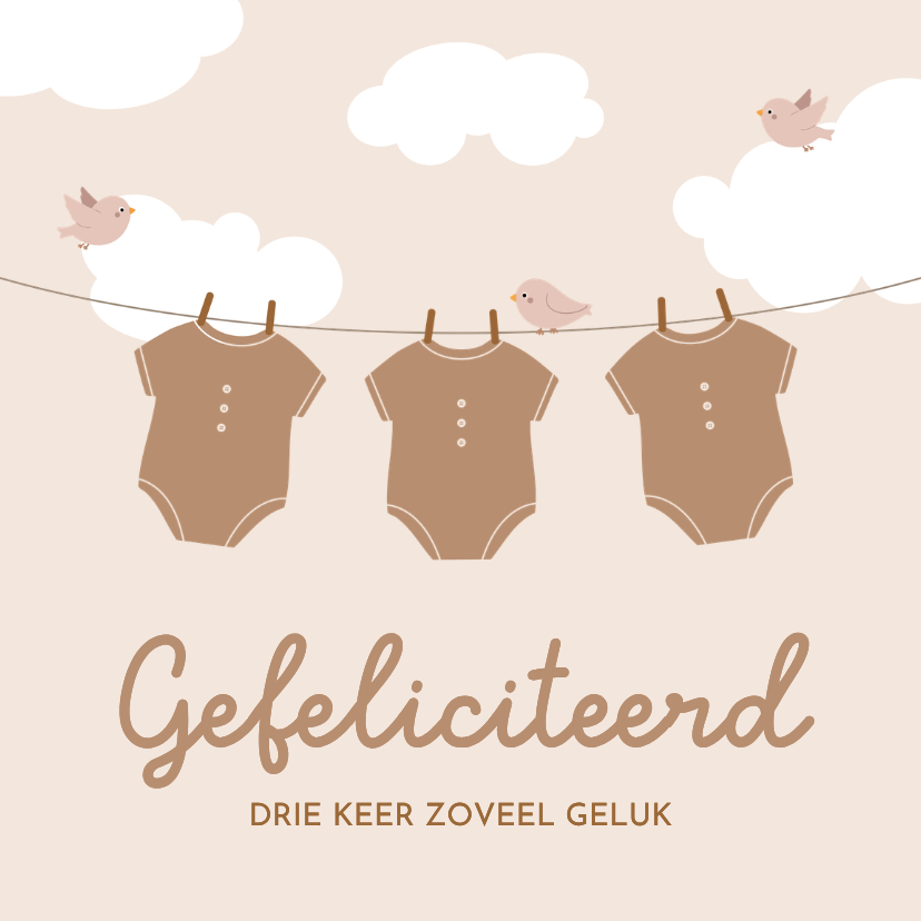 Felicitatiekaarten - Felicitatiekaartje drieling beige met waslijn en vogels