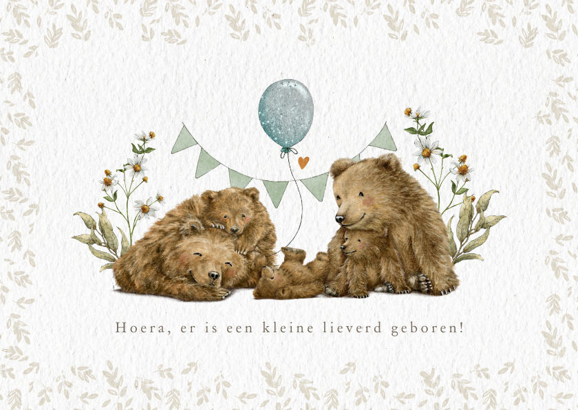 Felicitatiekaarten - Felicitatiekaartje geboorte derde kindje met beren familie