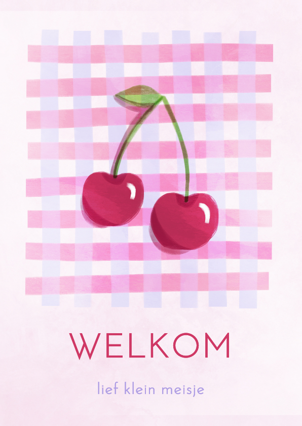 Felicitatiekaarten - Felicitatiekaartje geboorte kersen met roze blokjespatroon