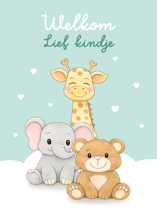 Felicitatiekaarten - Felicitatiekaartje geboorte kindje dieren kleine hartjes