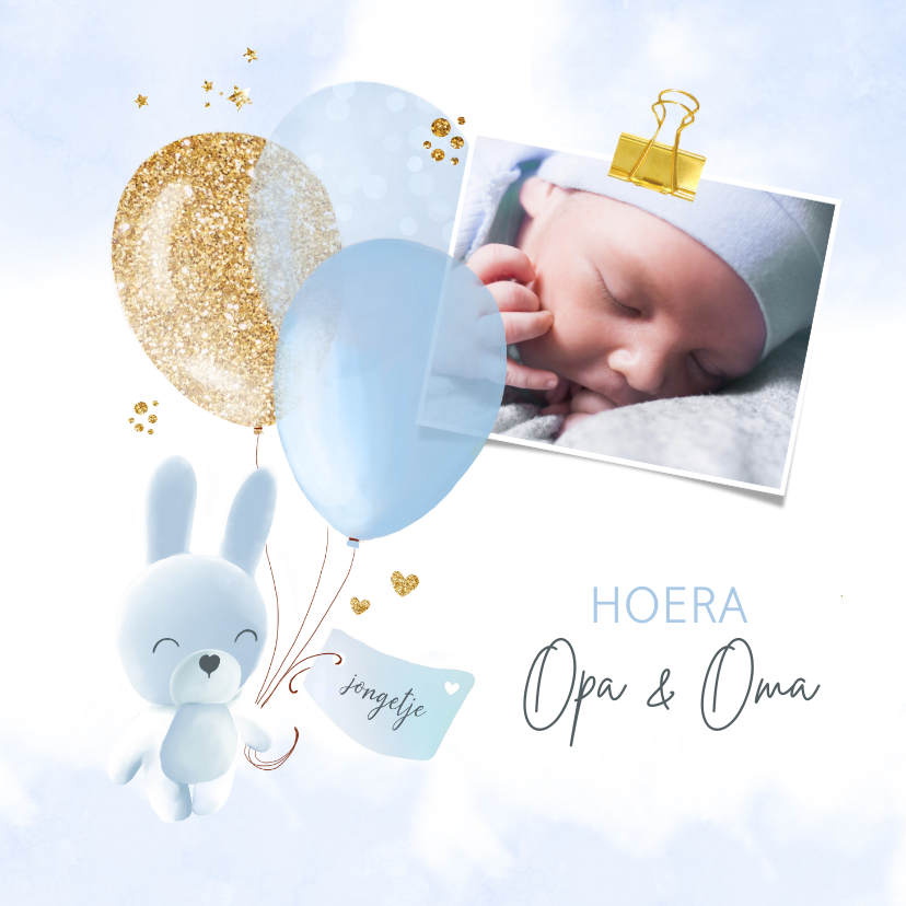 Felicitatiekaarten - Felicitatiekaartje geboorte kleinzoon konijntje ballonnen