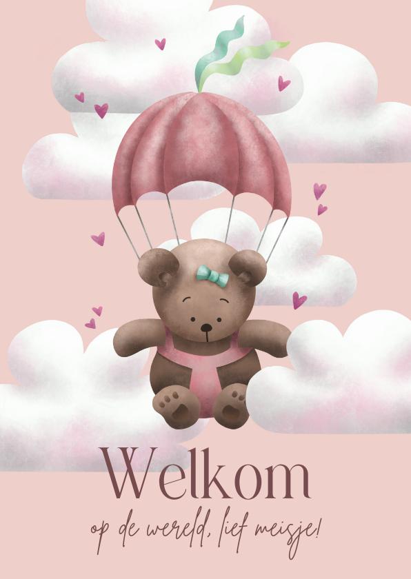 Felicitatiekaarten - Felicitatiekaartje geboorte meisje beer parachute