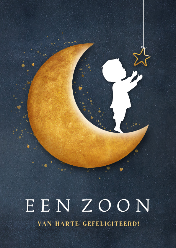 Felicitatiekaarten - Felicitatiekaartje geboorte met silhouet van jongen op maan