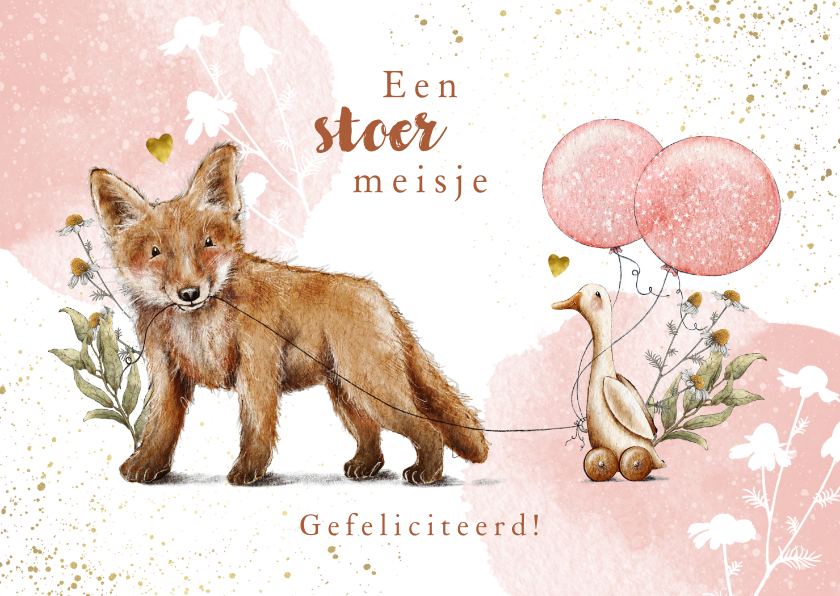 Felicitatiekaartje geboorte met vos en loopeend - Felicitatiekaarten Felicitatiekaarten - Felicitatiekaartje geboorte met vos en loopeend