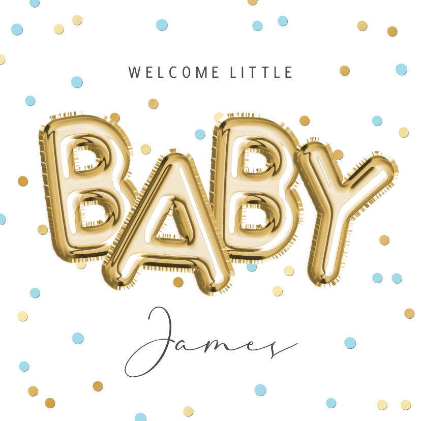 Felicitatiekaarten - Felicitatiekaartje jongen baby folieballon blauw goud