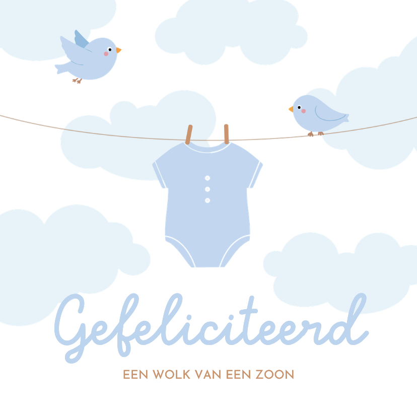 Felicitatiekaartje jongen met waslijn rompertje en vogels - Felicitatiekaarten Felicitatiekaarten - Felicitatiekaartje jongen met waslijn rompertje en vogels