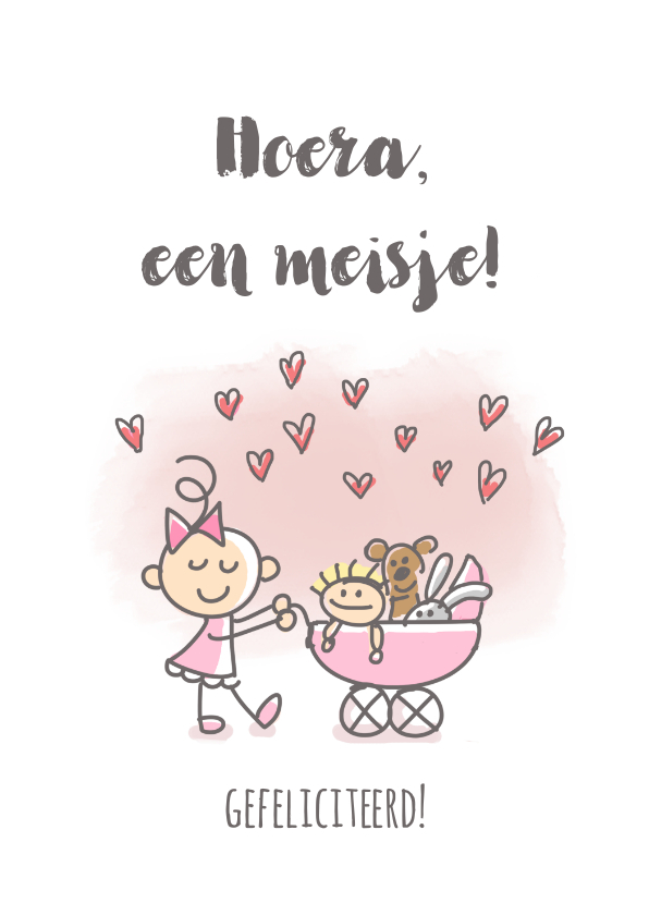 Felicitatiekaarten - Felicitatiekaartje met meisje en kinderwagen met poppen