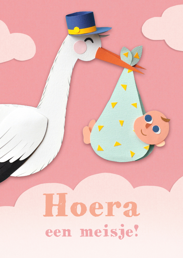 Felicitatiekaarten - Felicitatiekaartje met ooievaar en baby meisje