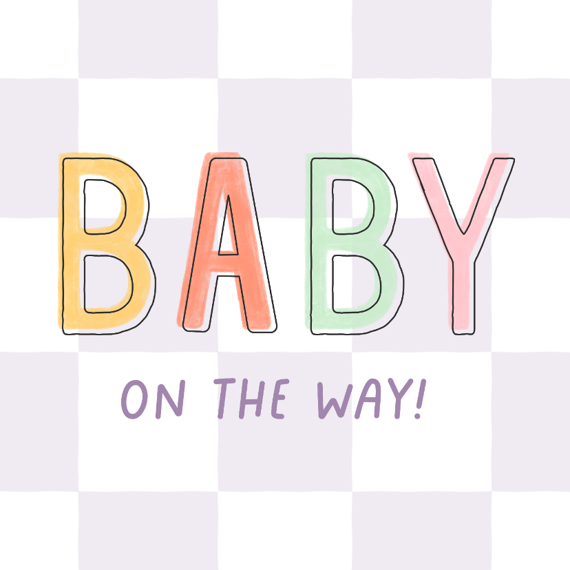 Felicitatiekaartje paarse blokjes baby on the way gekleurd - Felicitatiekaarten Felicitatiekaarten - Felicitatiekaartje paarse blokjes baby on the way gekleurd