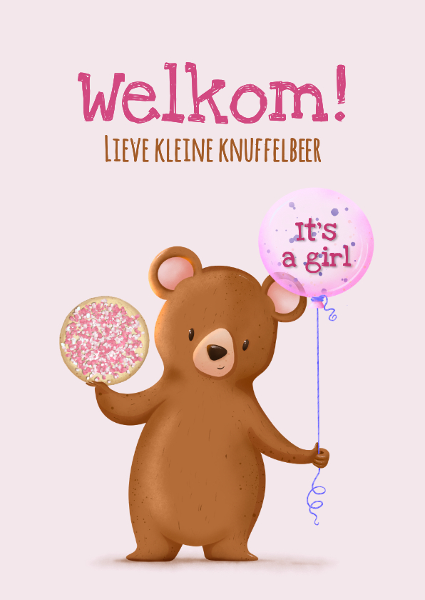 Felicitatiekaarten - Felicitatiekaartje welkom lieve kleine knuffelbeer muisjes