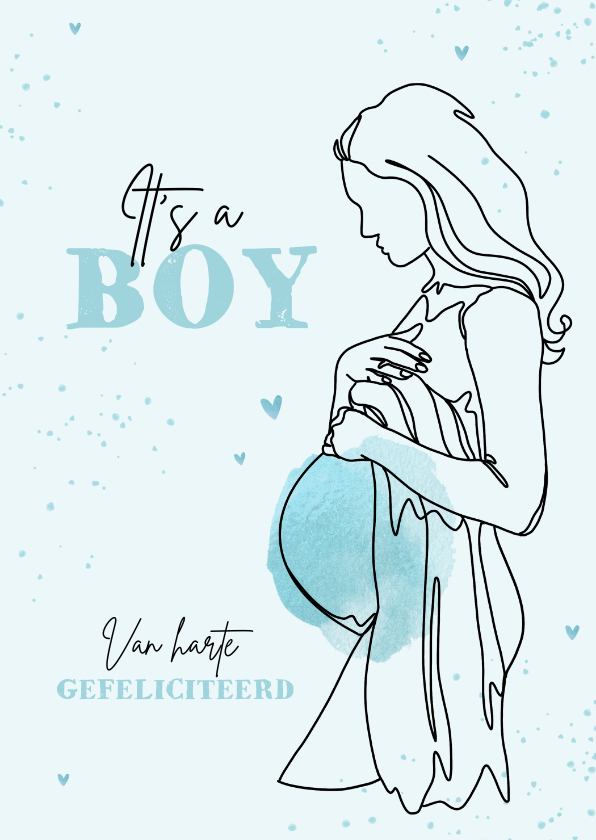 Felicitatiekaarten - Felicitatiekaartje zwanger line art waterverf hartjes jongen