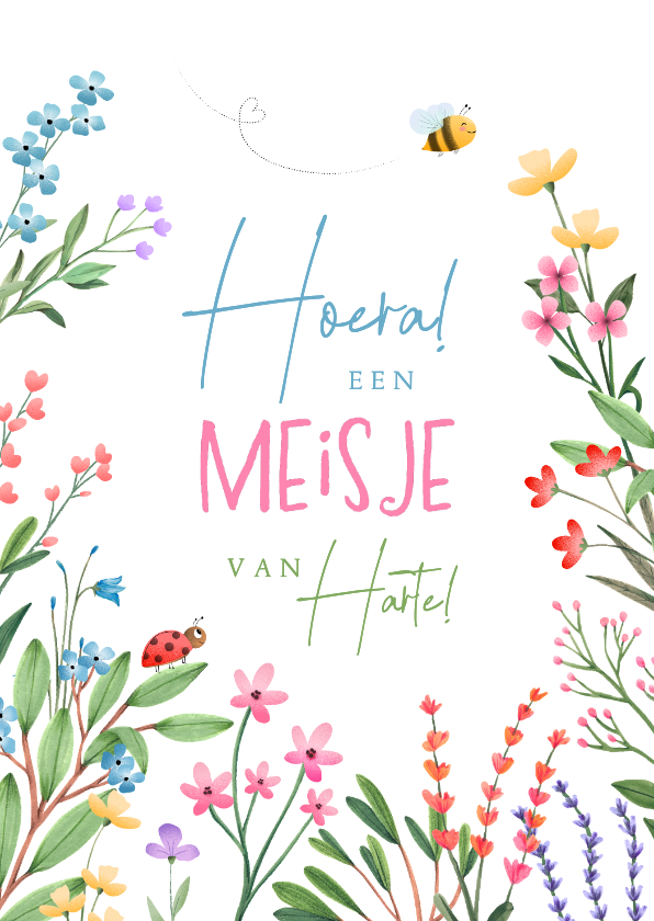 Geboorte felicitatie meisje met vrolijke bloemen en insecten - Felicitatiekaarten Felicitatiekaarten - Geboorte felicitatie meisje met vrolijke bloemen en insecten