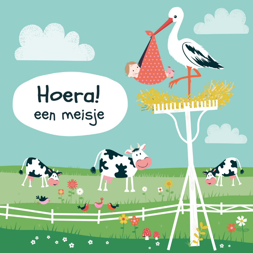 Geboorte ooievaar + koe meisje - Felicitatiekaarten Felicitatiekaarten - Geboorte ooievaar + koe meisje