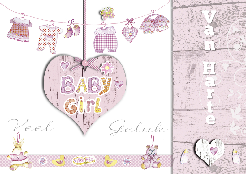 Gefeliciteerd babygirl hout met waslijn - Felicitatiekaarten Felicitatiekaarten - Gefeliciteerd babygirl hout met waslijn
