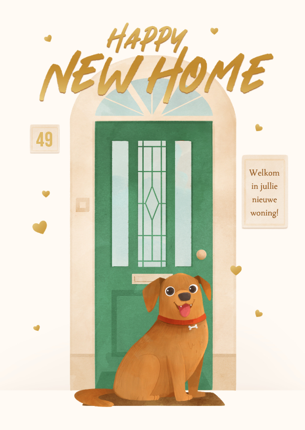 Gefeliciteerd met droomhuis voordeur hond hartjes new home - Felicitatiekaarten Felicitatiekaarten - Gefeliciteerd met droomhuis voordeur hond hartjes new home