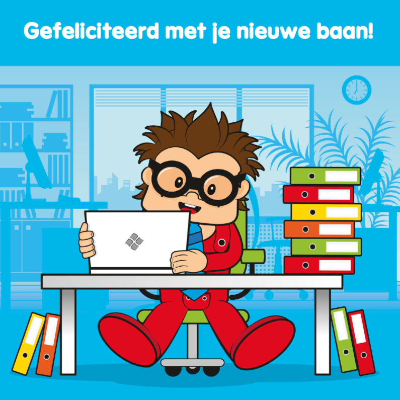 Gefeliciteerd nieuwe baan man computer 4 - Felicitatiekaarten Felicitatiekaarten - Gefeliciteerd nieuwe baan man computer 4