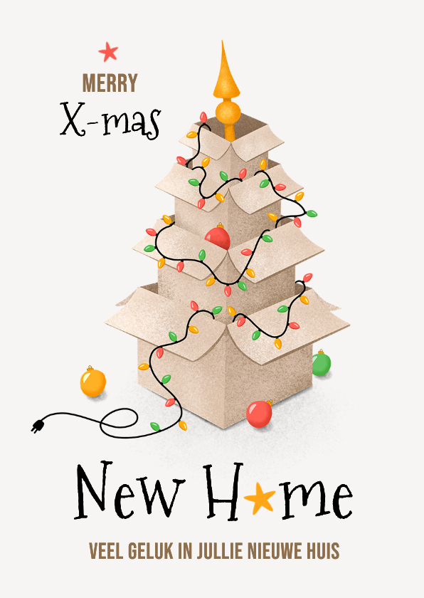 Gefeliciteerd verhuizen met kerst dozen lampjes kerstboom - Felicitatiekaarten Felicitatiekaarten - Gefeliciteerd verhuizen met kerst dozen lampjes kerstboom