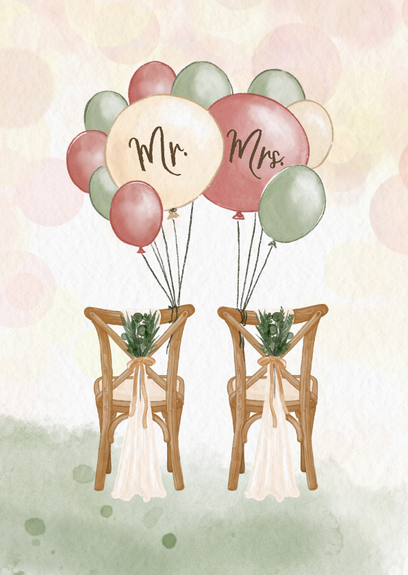 Getekende felicitatiekaart met ballonnen en trouwstoeltjes - Felicitatiekaarten Felicitatiekaarten - Getekende felicitatiekaart met ballonnen en trouwstoeltjes