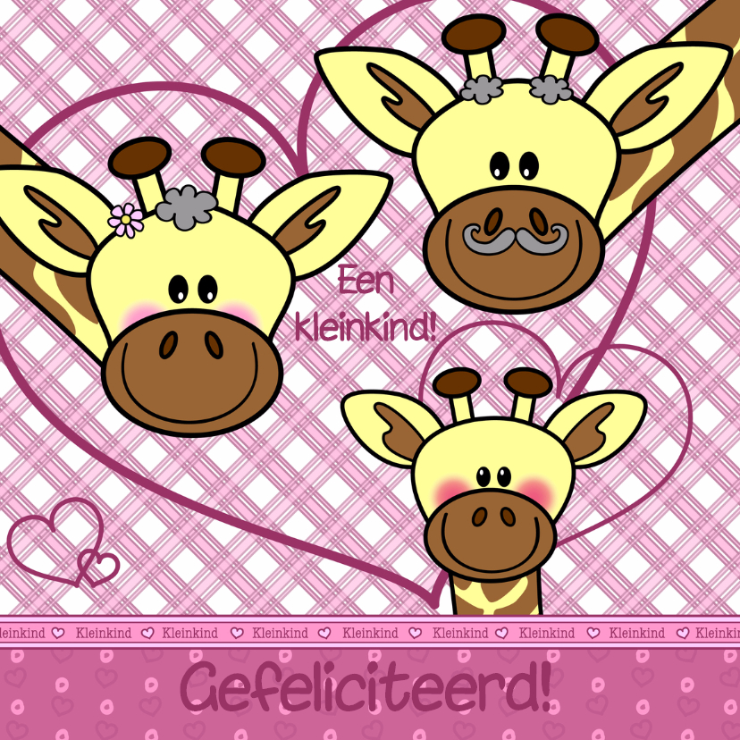 Giraffes met een kleinkind ROZE - Felicitatiekaarten Felicitatiekaarten - Giraffes met een kleinkind ROZE