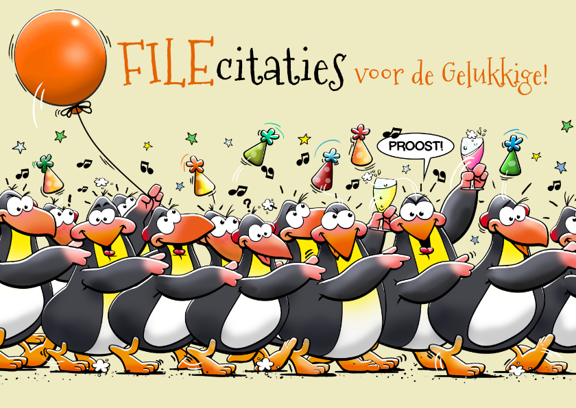 Felicitatiekaarten - Grappige felicitatiekaart pinguïns met ballon en feesthoedje