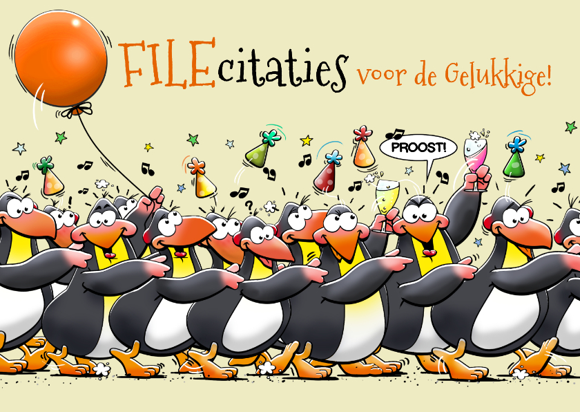 Felicitatiekaarten - Grappige felicitatiekaart pinguïns met ballon en feesthoedje