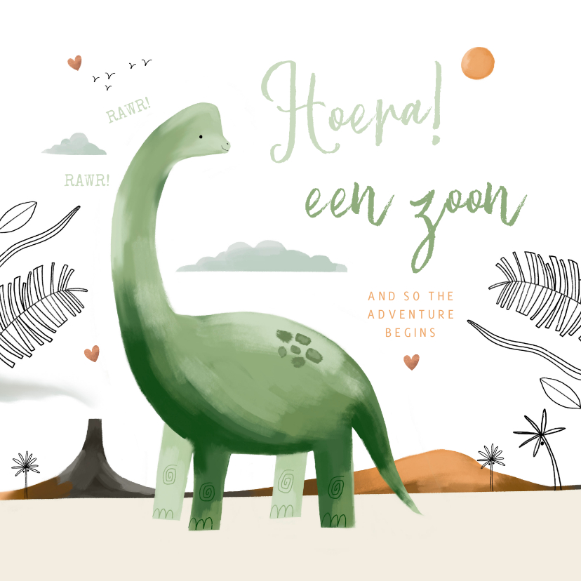 Felicitatiekaarten - Hippe felicitatiekaart geboorte zoon dinosaurus jungle