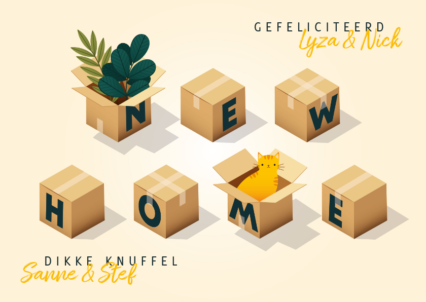 Hippe felicitatiekaart 'new home' met dozen, planten en kat - Felicitatiekaarten Felicitatiekaarten - Hippe felicitatiekaart 'new home' met dozen, planten en kat