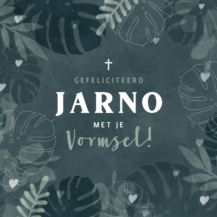 Hippe felicitatiekaart vormsel met junglebladeren en hartjes - Felicitatiekaarten Felicitatiekaarten - Hippe felicitatiekaart vormsel met junglebladeren en hartjes