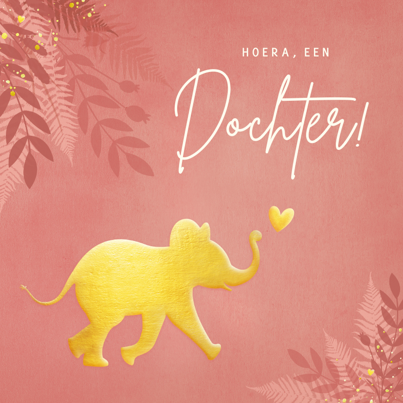 Felicitatiekaarten - Hippe jungle felicitatiekaart geboorte met gouden olifant 