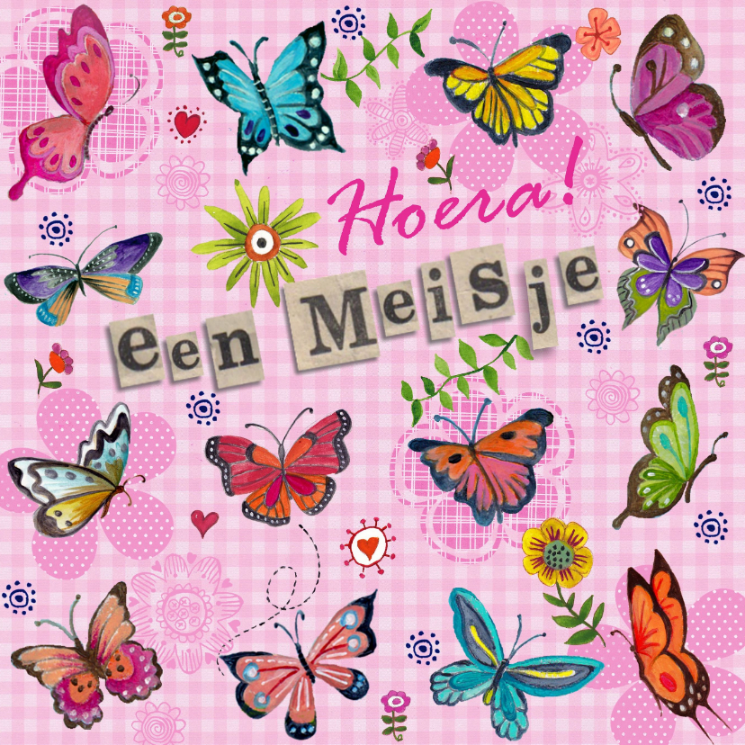 Hoera meisje geboren VLINDERS ruitje - Felicitatiekaarten Felicitatiekaarten - Hoera meisje geboren VLINDERS ruitje