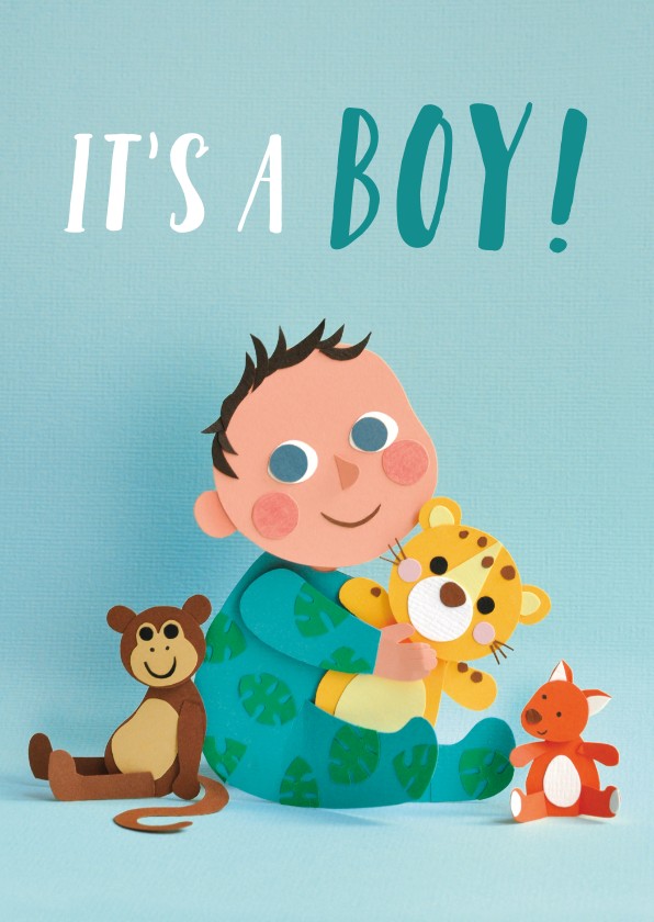 Felicitatiekaarten - It's a boy! baby met knuffels