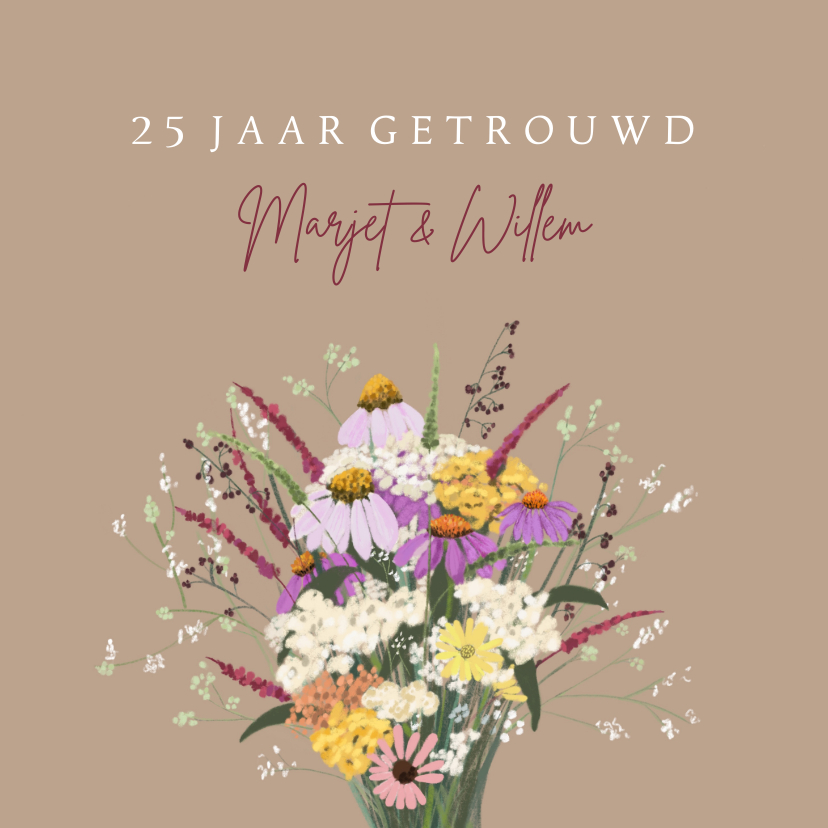 Felicitatiekaarten - Jubileumkaart bruidspaar boeket vrolijke bloemen
