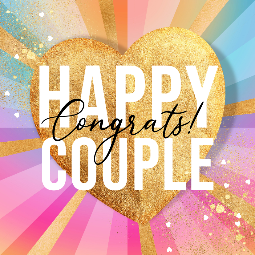 Felicitatiekaarten - Kleurrijke felicitatiekaart getrouwd regenboog goud hartjes