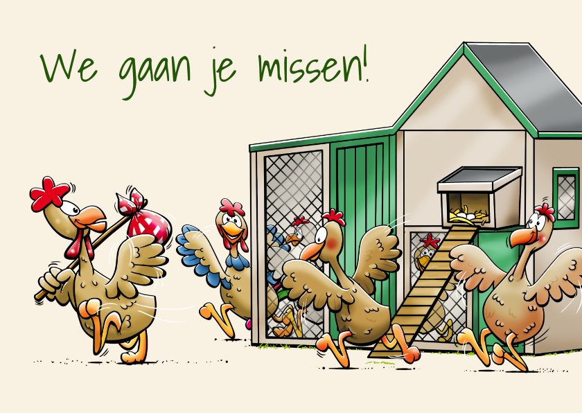 Felicitatiekaarten - Leuke felicitatiekaart met kippen bij een kippenhok