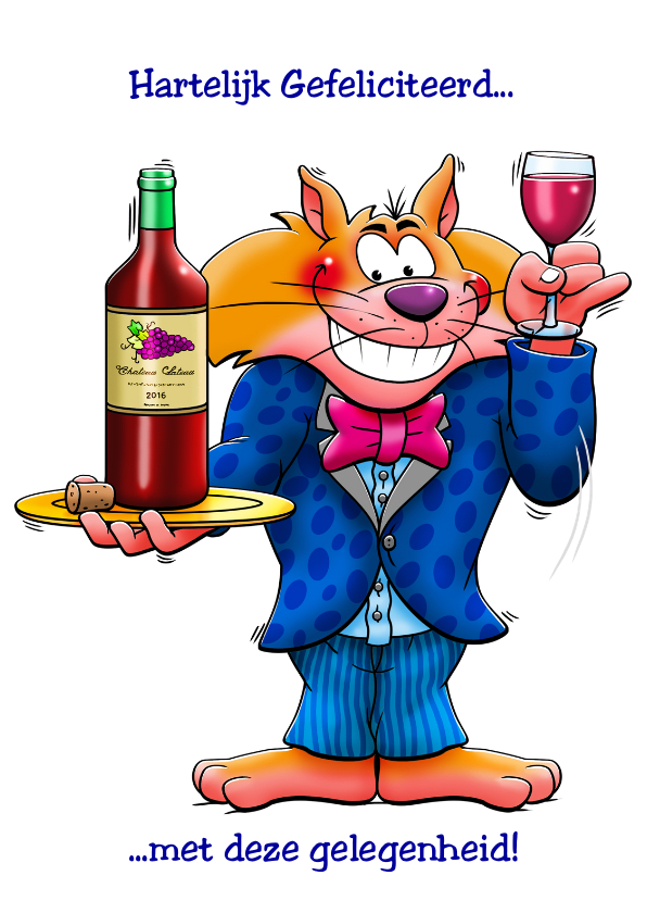 Leuke felicitatiekaart met leeuw, flesje en glas wijn - Felicitatiekaarten Felicitatiekaarten - Leuke felicitatiekaart met leeuw, flesje en glas wijn