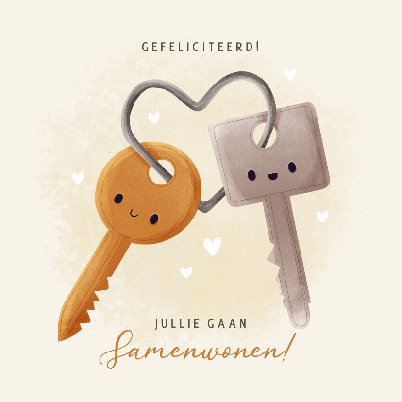 Felicitatiekaarten - Leuke felicitatiekaart samenwonen met sleutels en hartjes