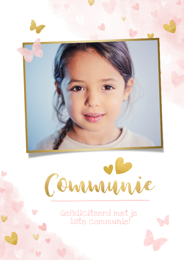 Lief felicitatiekaartje communie roze waterverf met hartjes - Felicitatiekaarten Felicitatiekaarten - Lief felicitatiekaartje communie roze waterverf met hartjes