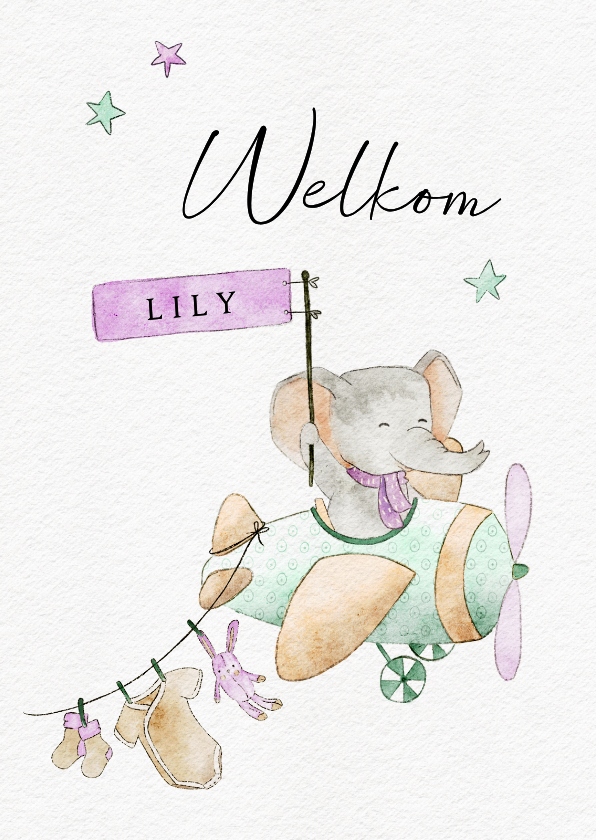Lief kaartje met olifant in vliegtuig voor geboorte meisje - Felicitatiekaarten Felicitatiekaarten - Lief kaartje met olifant in vliegtuig voor geboorte meisje