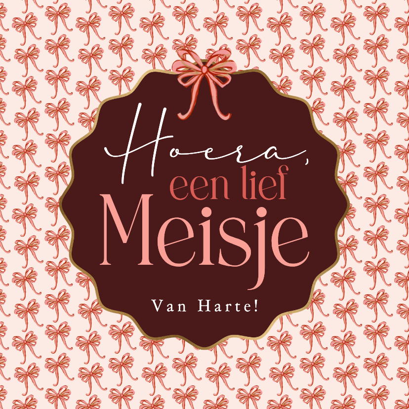 Felicitatiekaarten - Lieve felicitatiekaart geboorte meisje strikjes kader goud