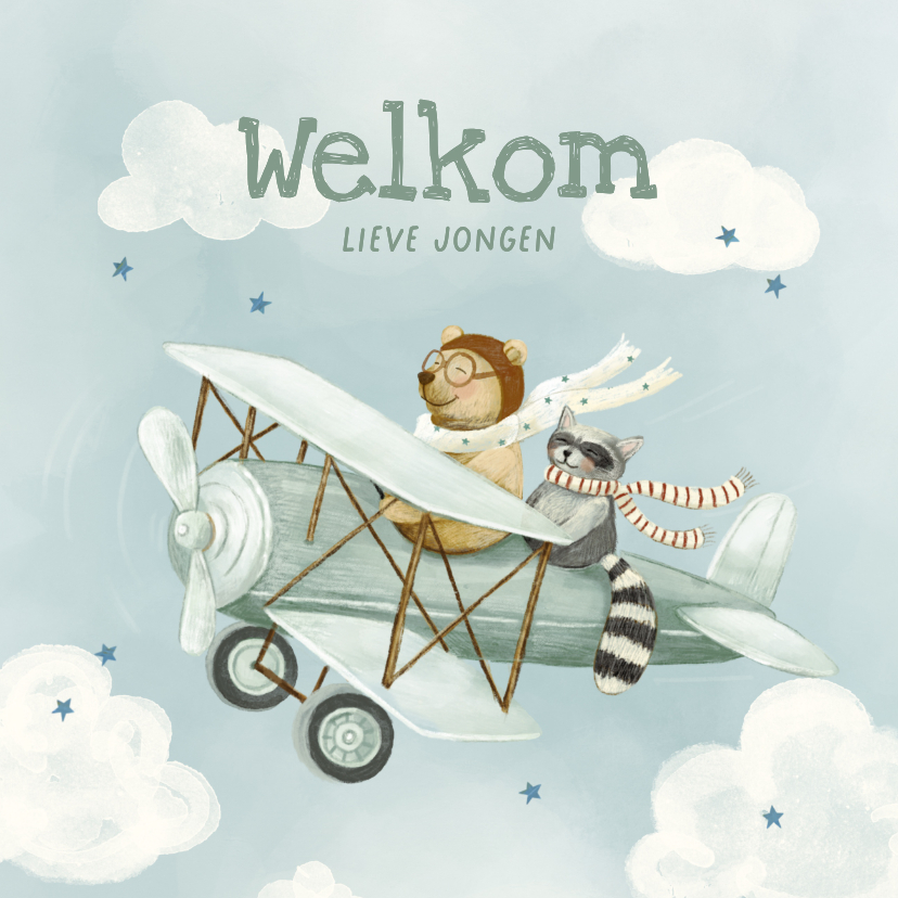 Felicitatiekaarten - Lieve felicitatiekaart met vliegtuigje en dieren