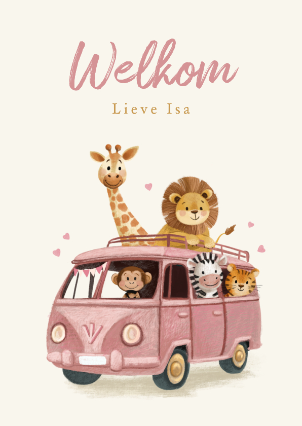 Lieve felicitatiekaart met vrolijke dieren in een busje - Felicitatiekaarten Felicitatiekaarten - Lieve felicitatiekaart met vrolijke dieren in een busje