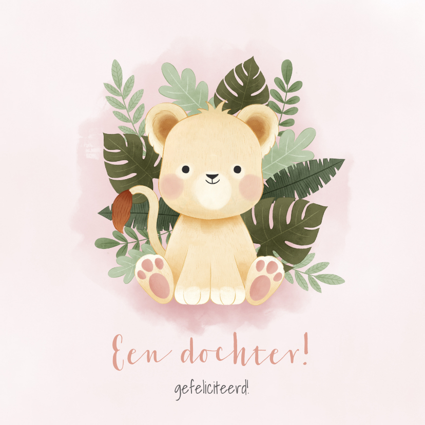 Felicitatiekaarten - Lieve felicitatiekaart voor meisje met leeuwtje en jungle 