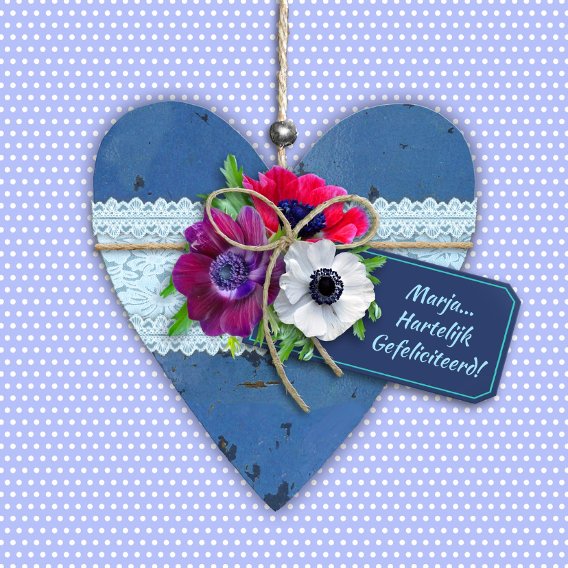 Mooie felicitatiekaart hart met bloemen op stippen - Felicitatiekaarten Felicitatiekaarten - Mooie felicitatiekaart hart met bloemen op stippen