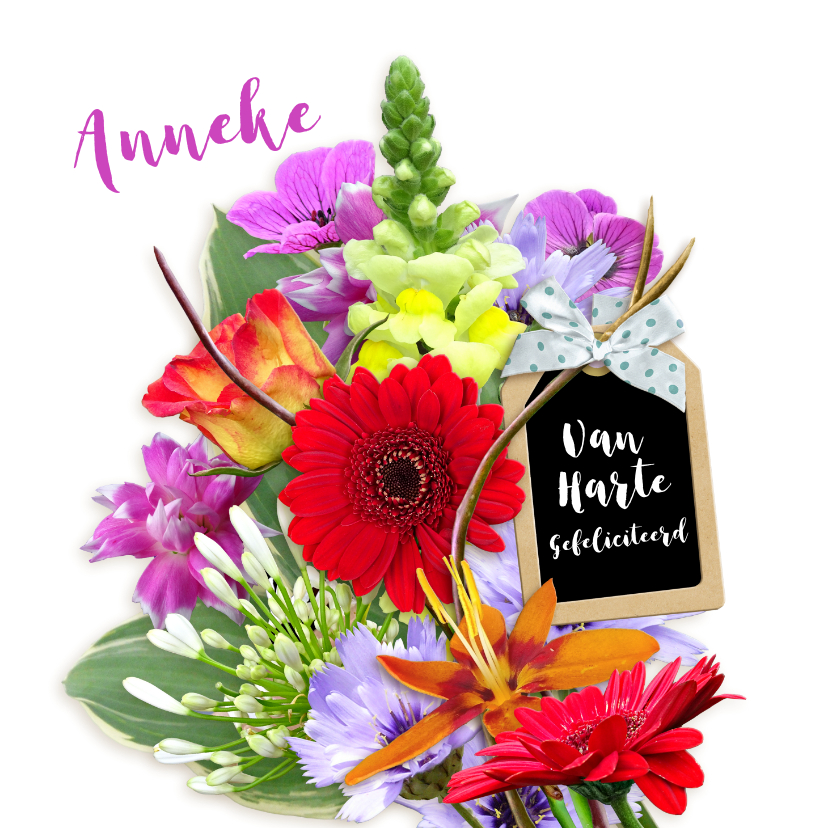 Mooie felicitatiekaart met bloemen en label met strik - Felicitatiekaarten Felicitatiekaarten - Mooie felicitatiekaart met bloemen en label met strik