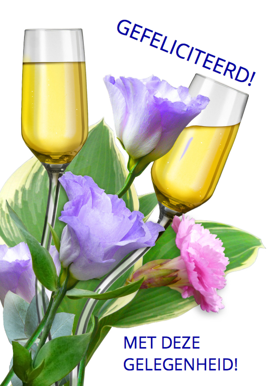 Mooie felicitatiekaart met gebogen glazen tussen bloemen - Felicitatiekaarten Felicitatiekaarten - Mooie felicitatiekaart met gebogen glazen tussen bloemen