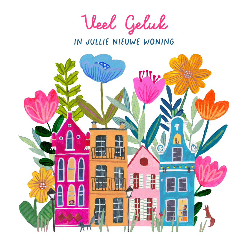 Felicitatiekaarten - Nieuwe woning kaart kleurrijke huisjes bloemen geluk
